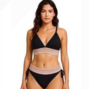 Blooming Jelly Black‎ Bikini Set Large High Waist Zigzag Band Two Piece NWT